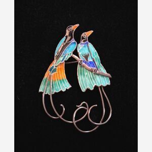 VNT Enamel Love Birds Brooch Cloisonné Style Bird Pin Silver Tone Art Jewelry